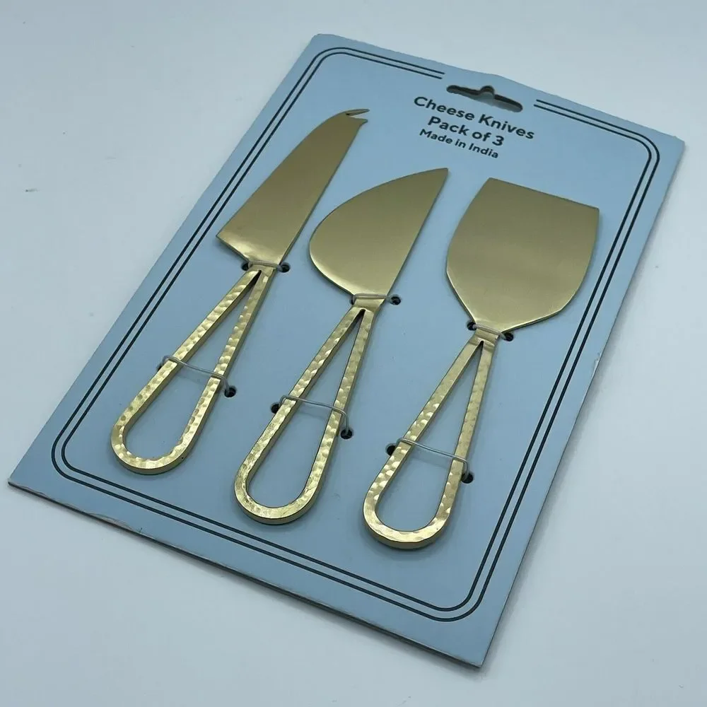 Loop Handle Set Of 3 Brass Color Hand Hammered Cheese Knives Slicer NEW India